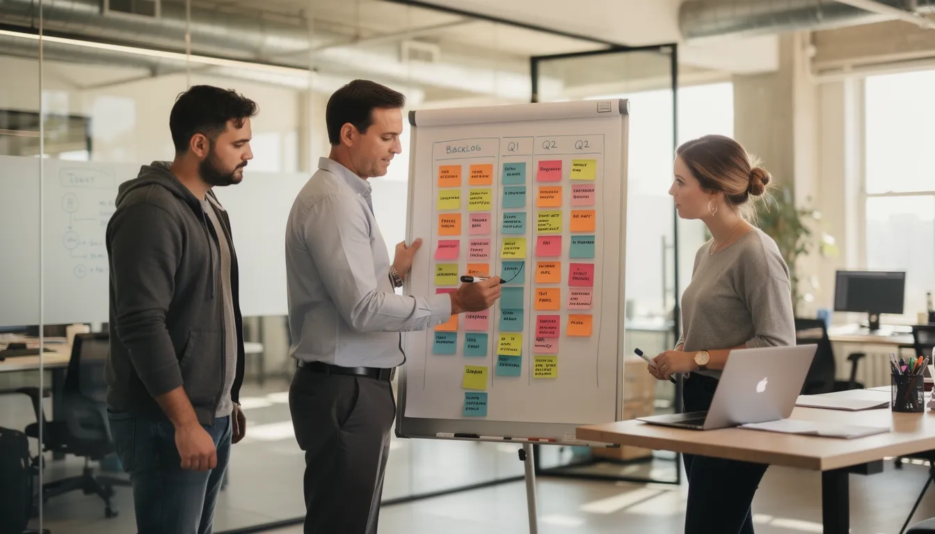 A product manager leading a roadmap planning session with a cross-functional team