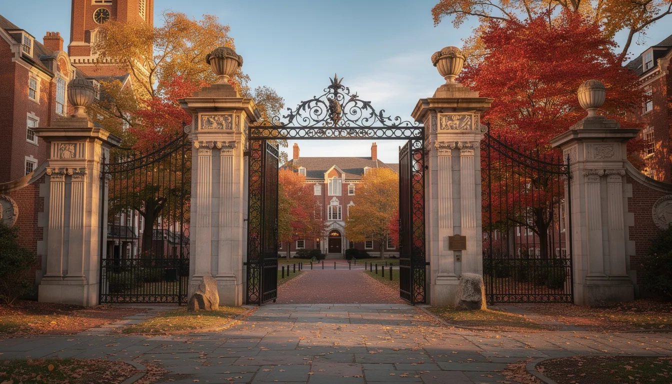 Brown University's Van Wickle Gates and College Hill campus in Providence, Rhode Island, on a sunny autumn day