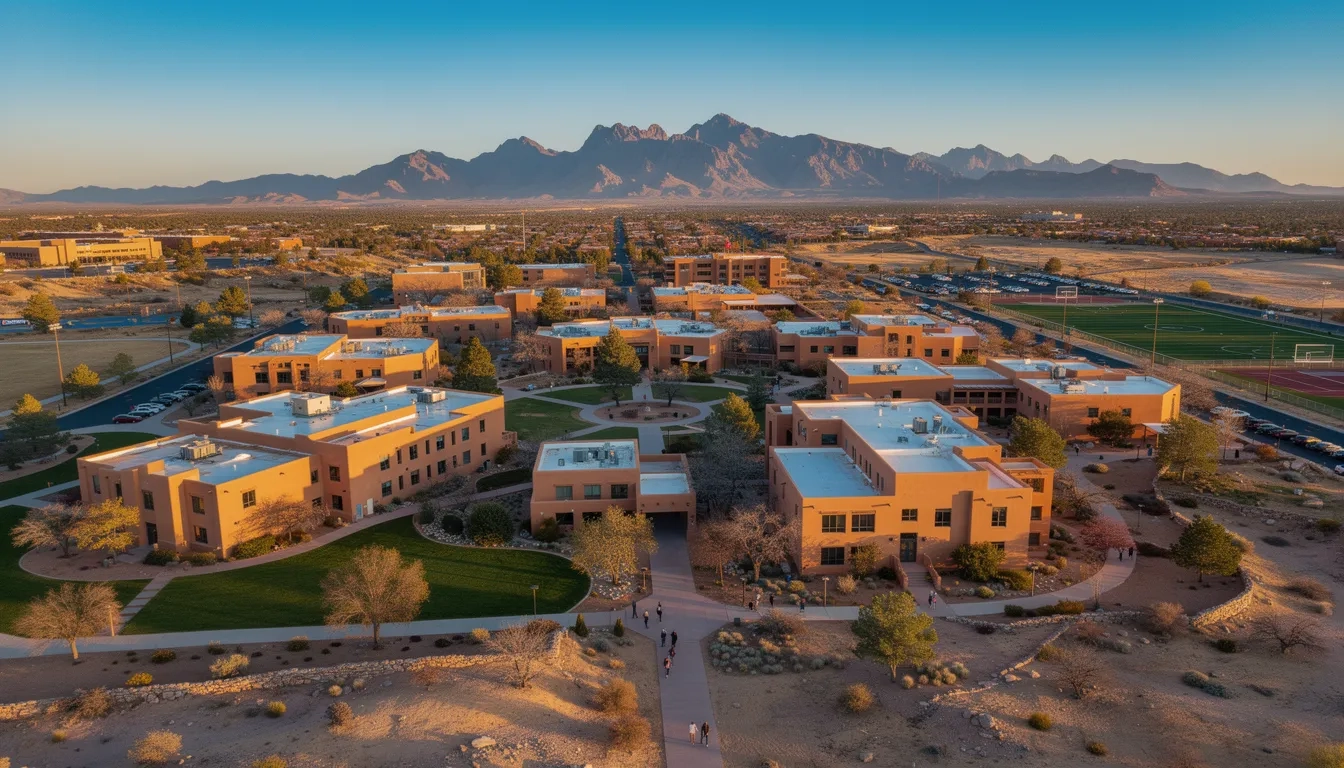 Aerial view of a New Mexico university campus with Southwestern architecture and mountain backdrop