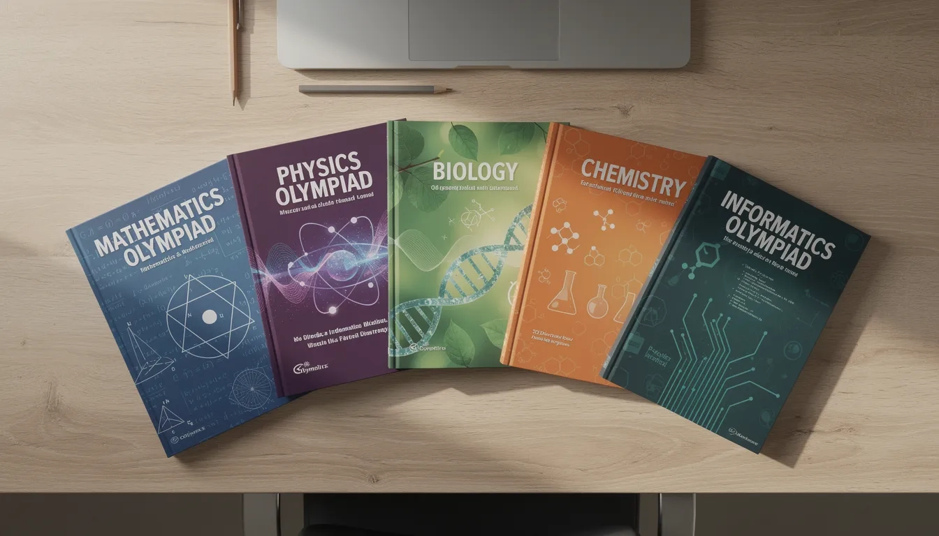 Five olympiad competition books arranged on a desk representing the major international science and math olympiads