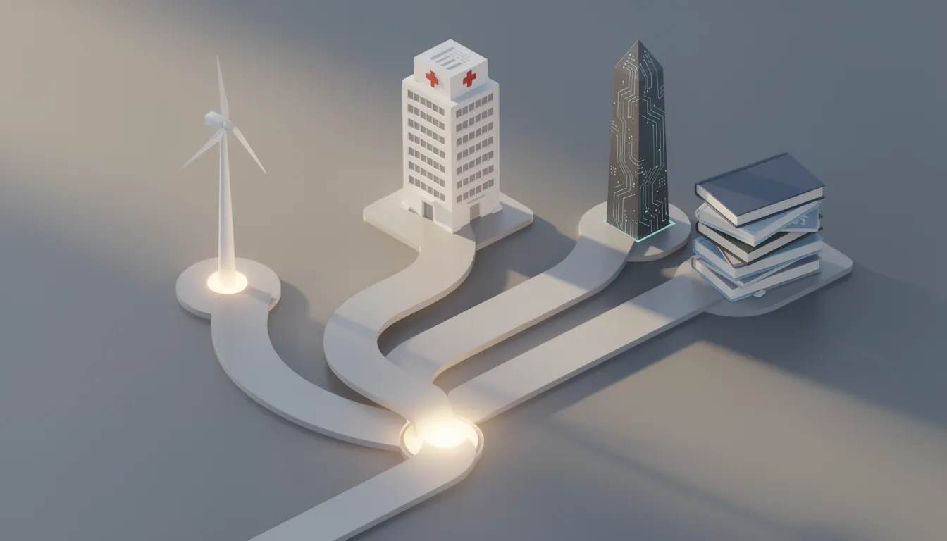 Isometric illustration of diverging career paths leading to different industry symbols