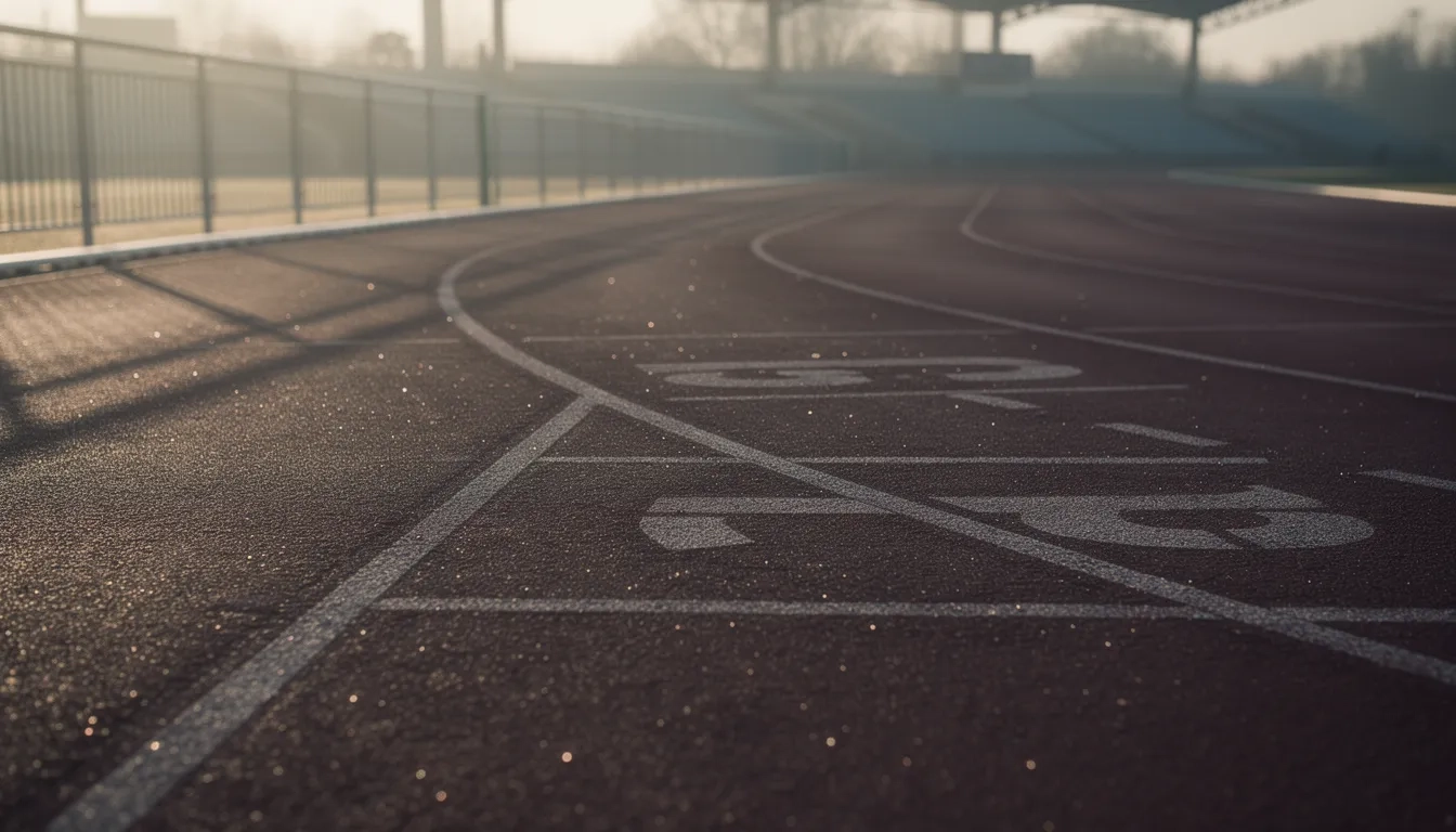 Empty running track at sunrise symbolizing athletic effort without a clear finish line