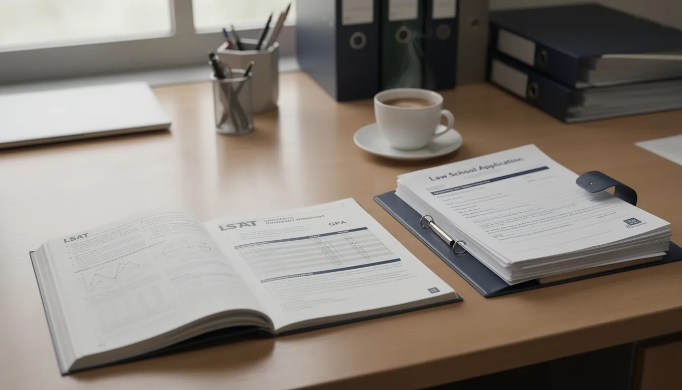 Law school admissions materials including LSAT prep book and GPA transcript on a desk