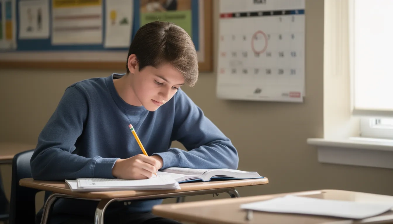 Student reviewing AP exam booklet at a desk