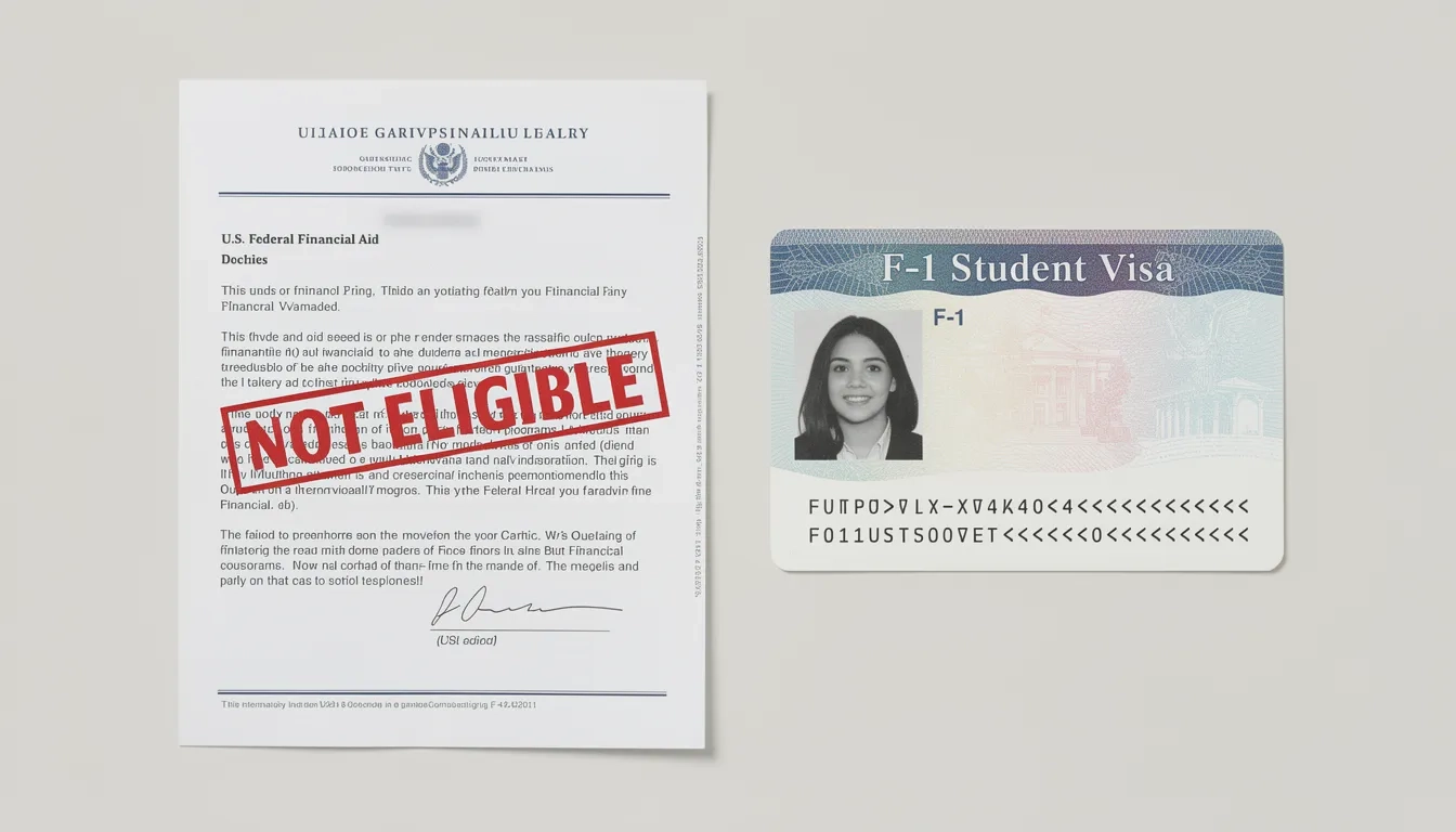 F-1 visa document next to a federal aid form marked ineligible