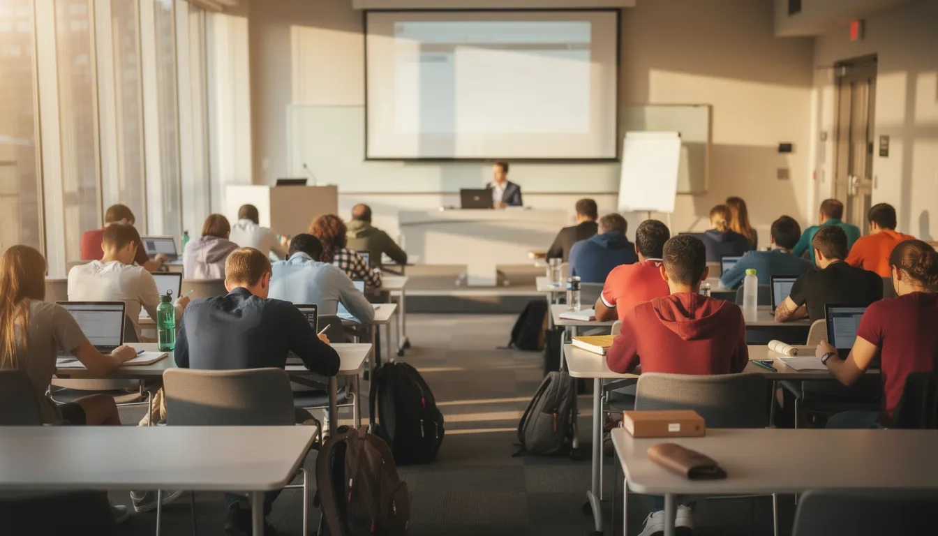 Students in a university communications lecture hall