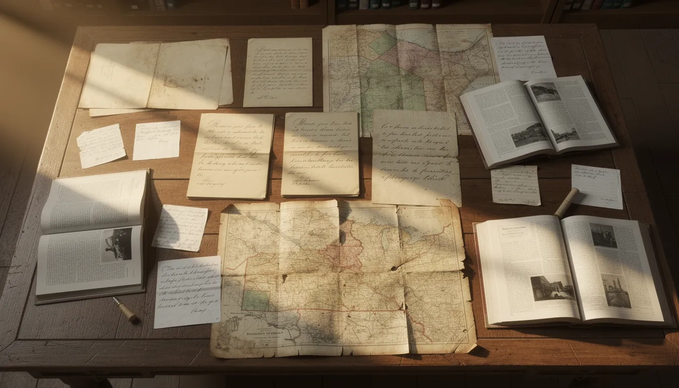Historical research documents and maps spread across a library table