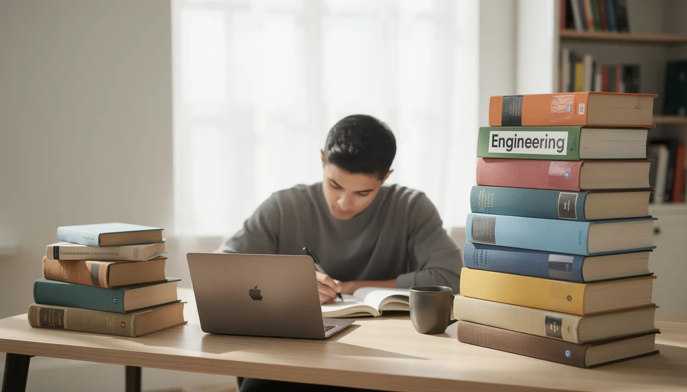 Student with two stacks of textbooks representing a major and minor course of study
