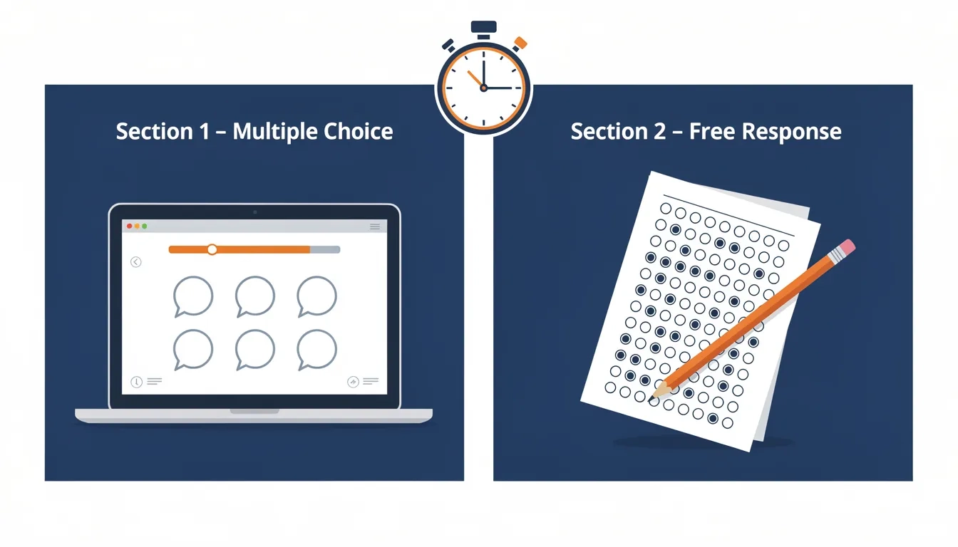 Diagram comparing the digital multiple-choice section and paper free-response section of the AP Physics 1 exam