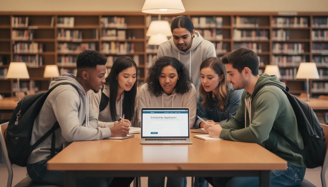 Students researching study abroad scholarships on a laptop