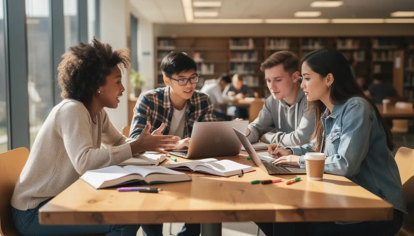 Students collaborating in a study group at a library table