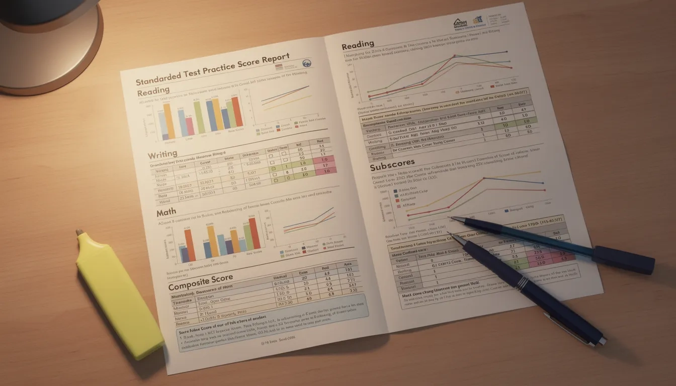 A practice test score report laid out on a desk with a highlighter and pen