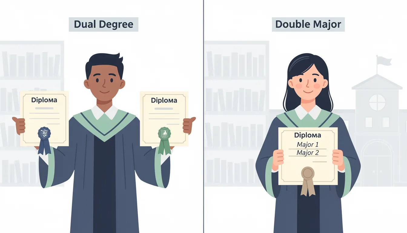 Side-by-side comparison of a dual degree versus a double major diploma