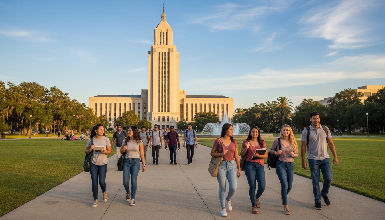 Louisiana state capitol building with students walking across campus in the foreground