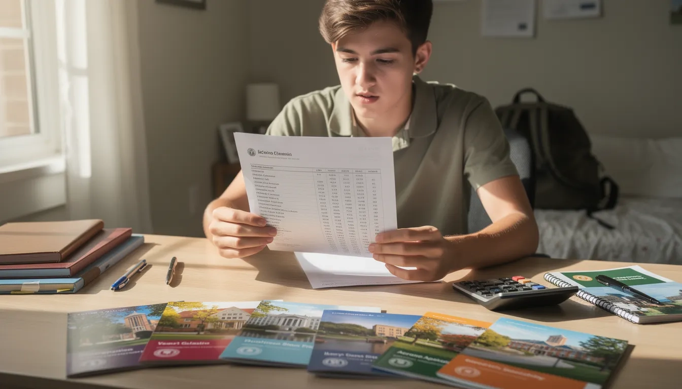 High school student reviewing their transcript with college materials on the desk
