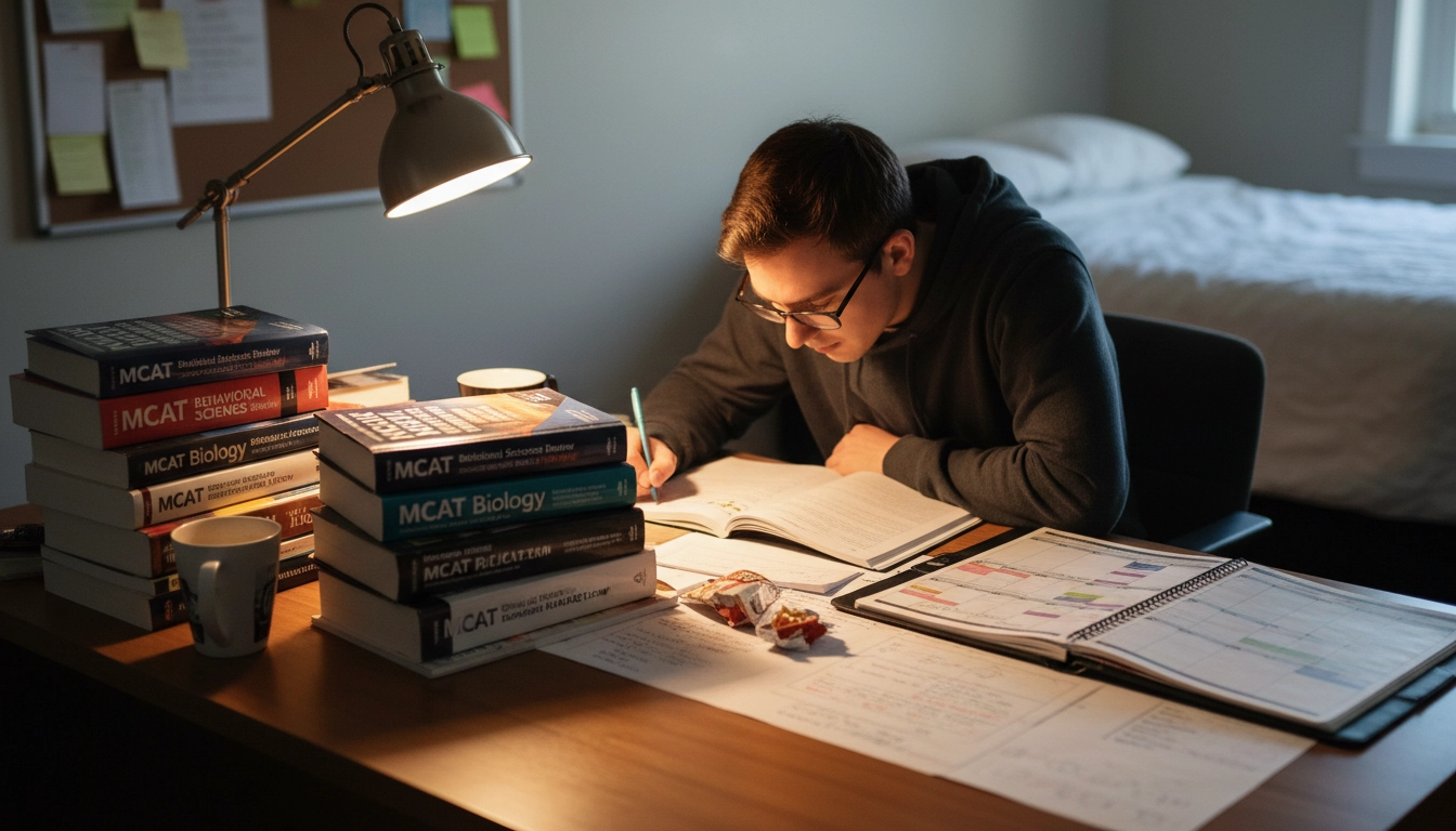 Pre-med student studying with MCAT prep books and a weekly planner