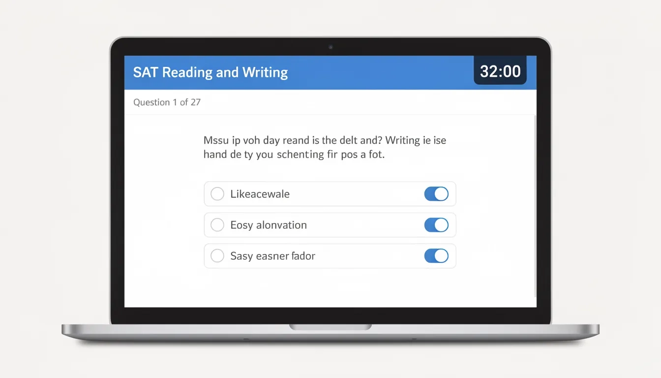 Digital SAT Reading and Writing section interface showing timer and question layout