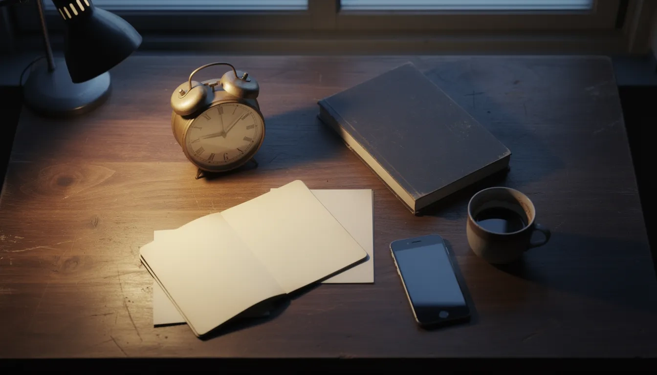 A desk at dusk with a clock, closed textbook, and face-down phone symbolizing procrastination