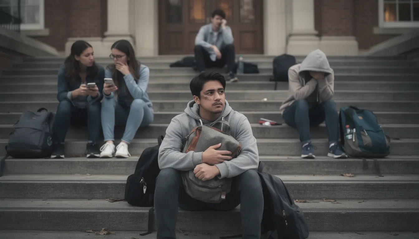 College students sitting on campus steps with backpacks, depicting the reality of student housing insecurity