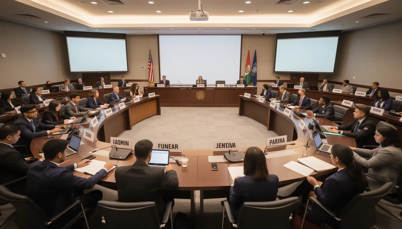 Students participating in a Model UN committee session in a large conference room