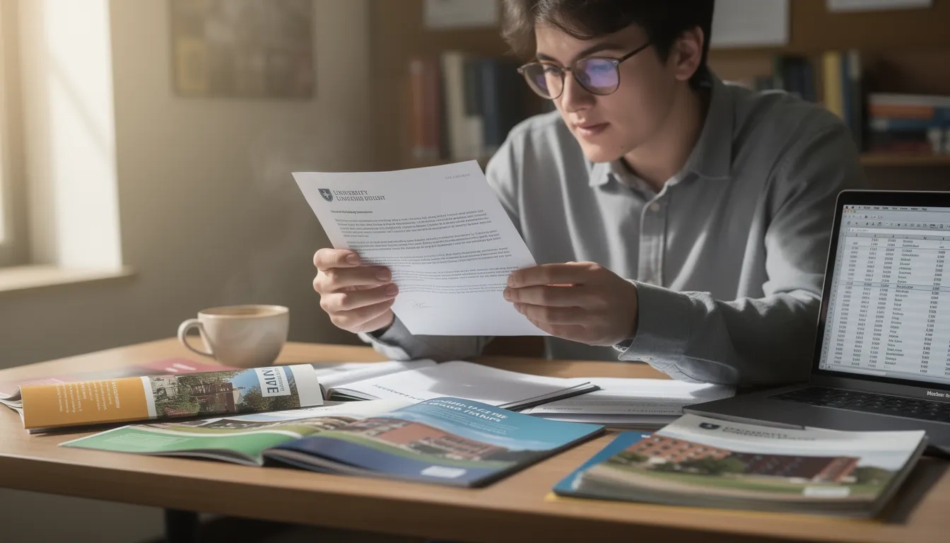 A student carefully reading through a PhD funding offer letter at a desk covered in university brochures and financial documents