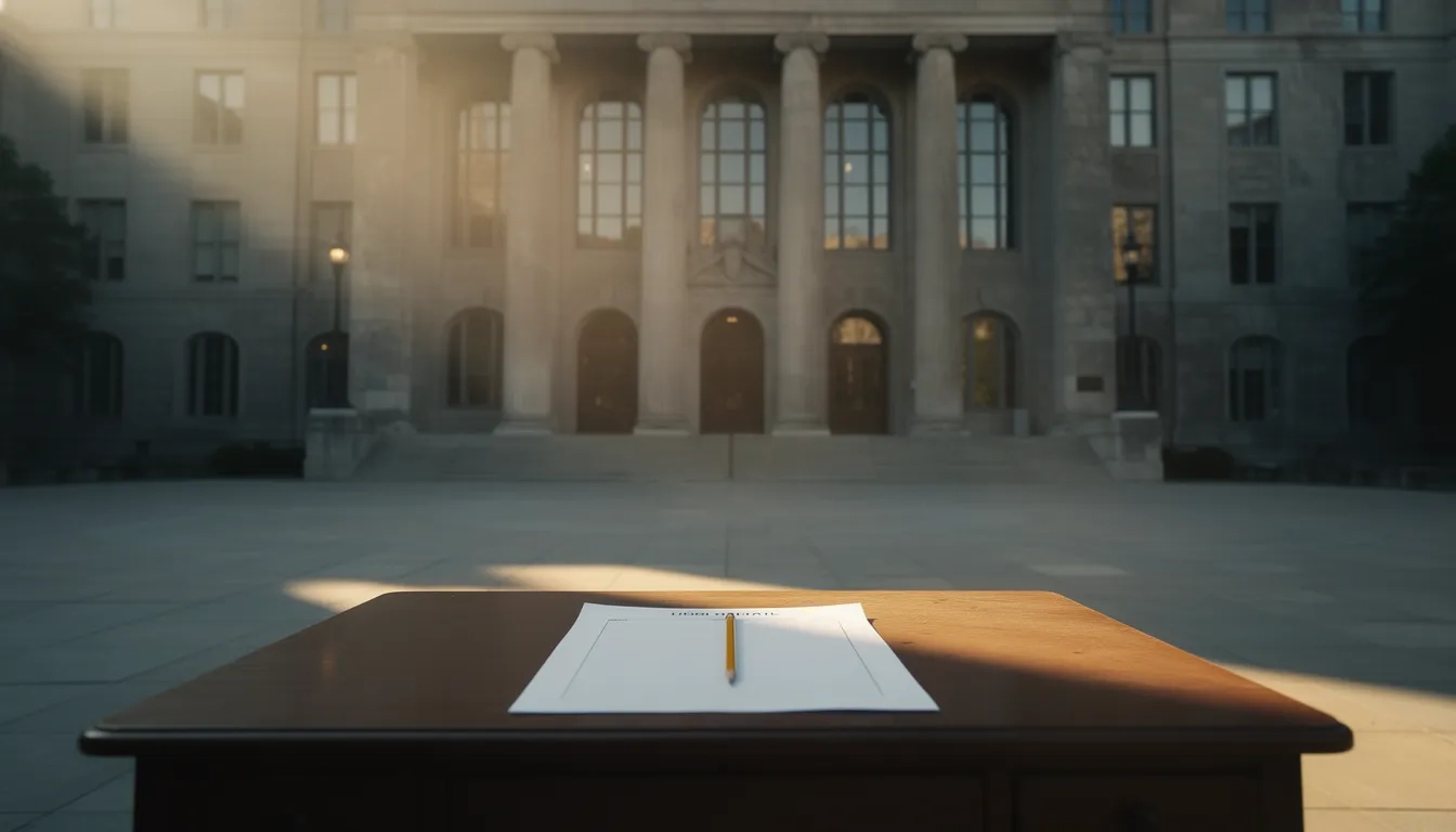 Elite university building with an empty desk and test paper symbolizing standardized testing in admissions