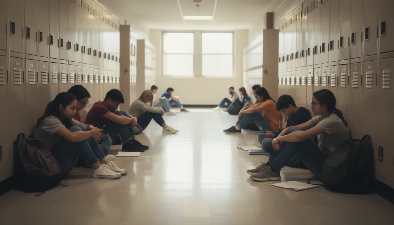Diverse high school students sitting in a school hallway with thoughtful expressions