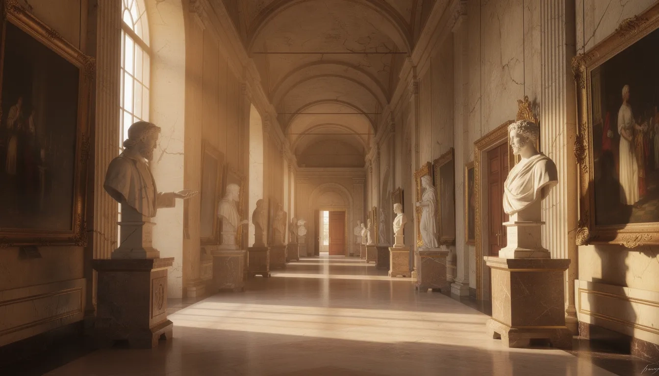 Grand museum gallery with classical paintings and sculptures in golden light