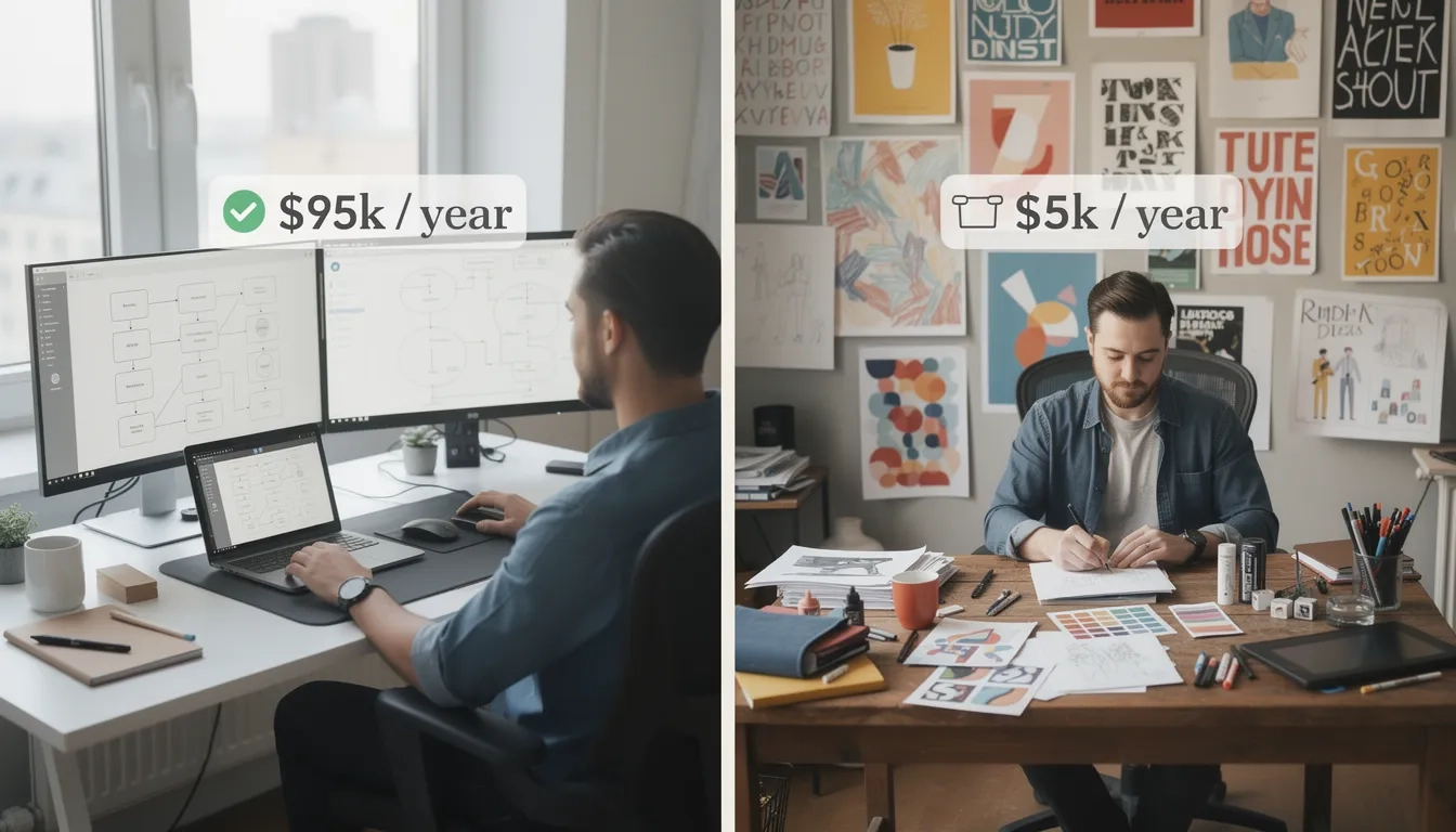 UX designer and graphic designer workspaces side by side illustrating the salary range within creative majors