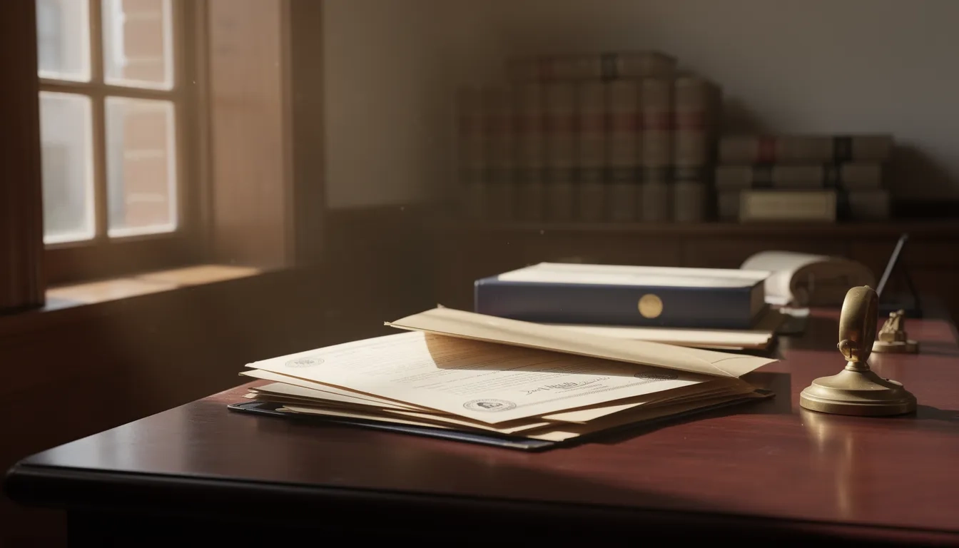 Stack of academic transcripts and folders on a wooden desk in a university records office