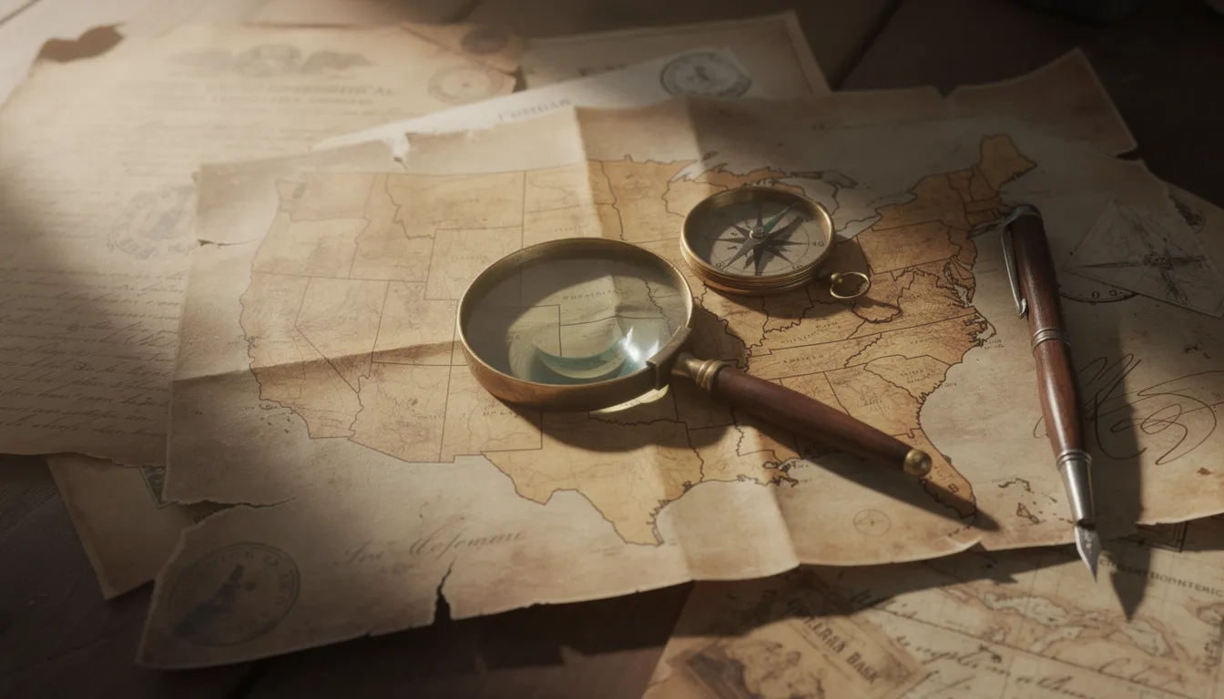 Vintage American historical documents, map, and compass arranged on a wooden desk