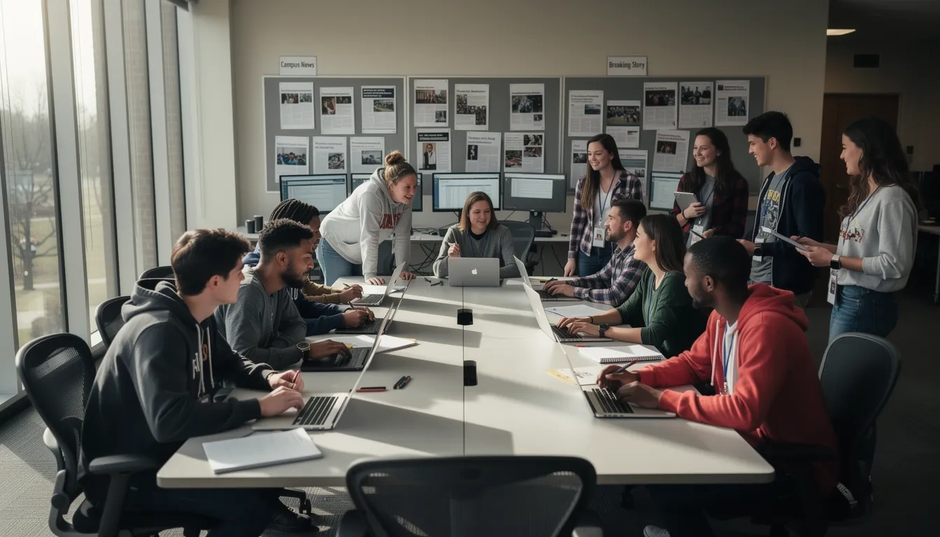 High school students working in a university newsroom during a summer journalism program