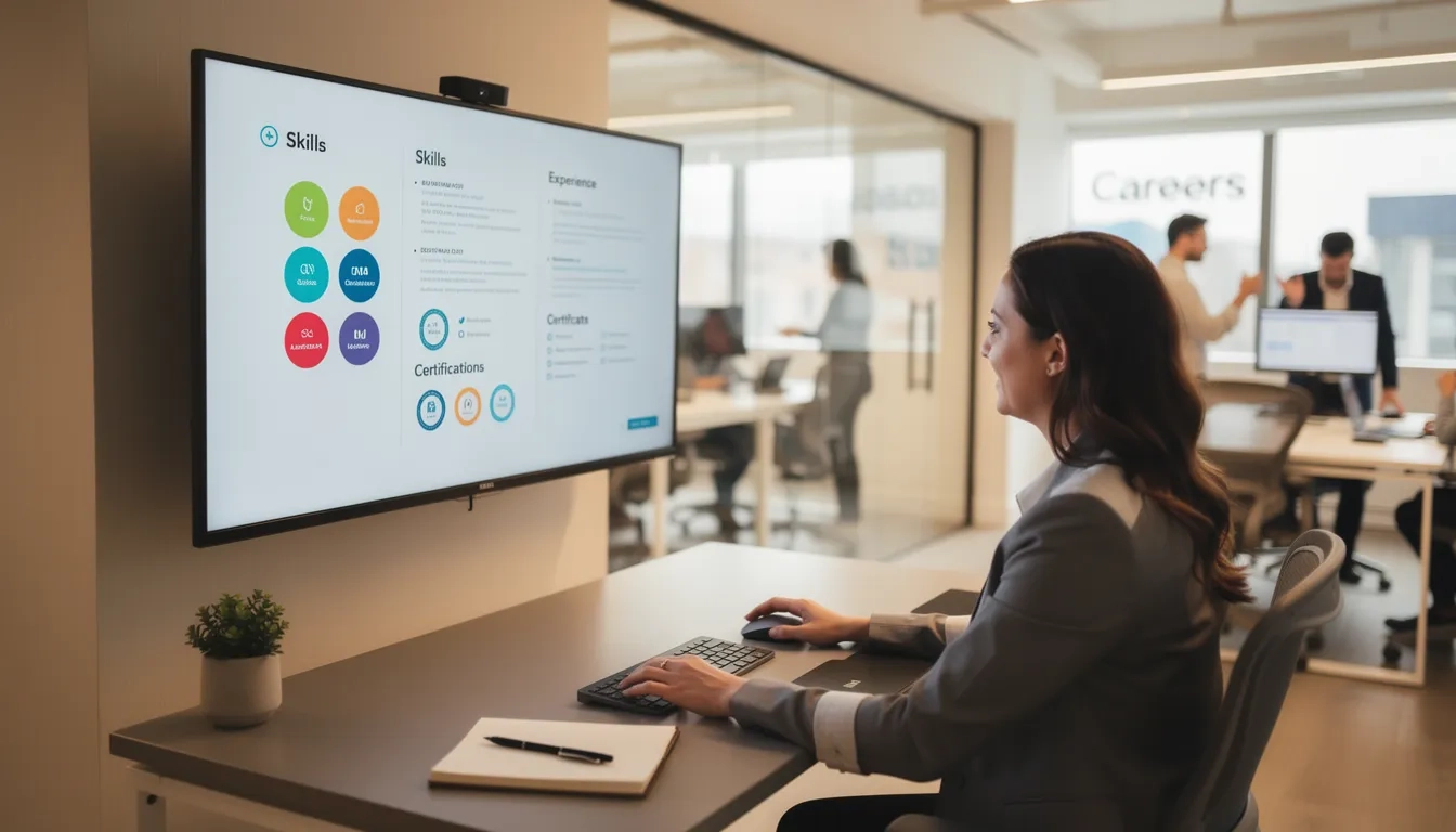 Recruiter reviewing a skills-based resume with certificate badges on screen