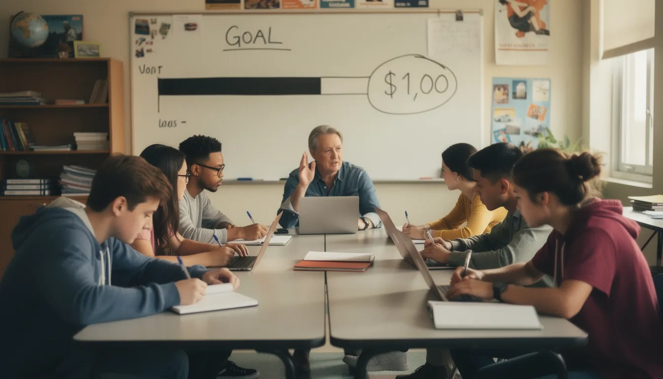 Students and teacher planning a charity fundraiser goal on a whiteboard