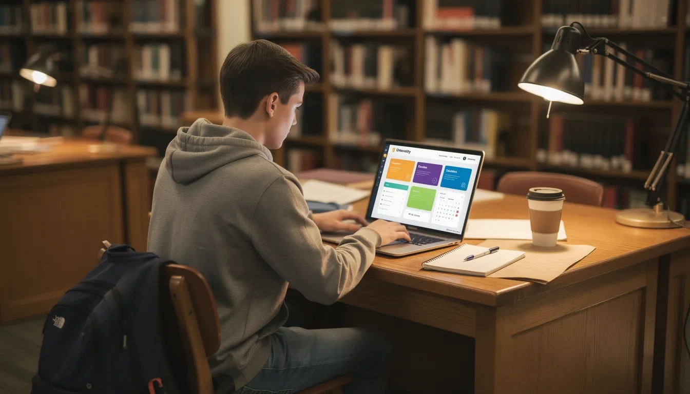 Student checking university software benefits on a laptop in a library
