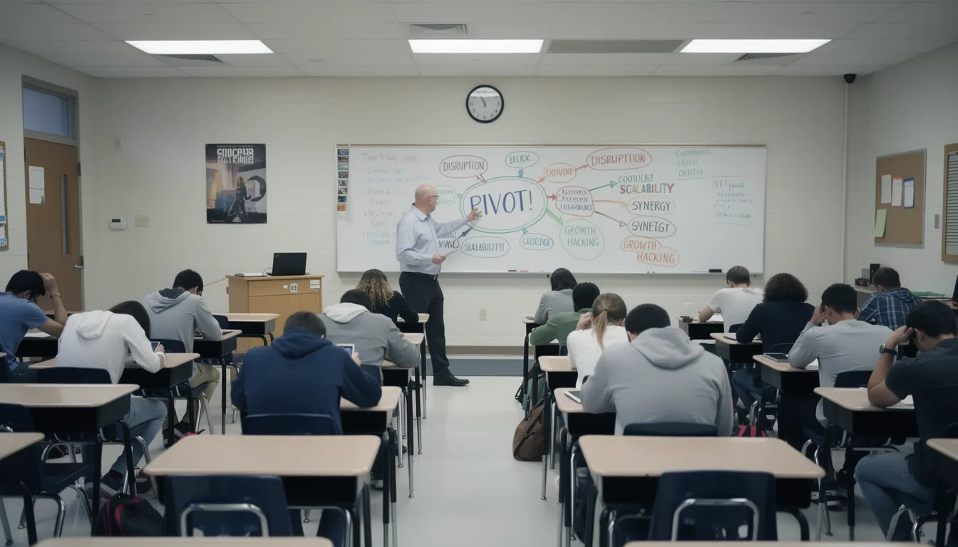 Students in a traditional classroom passively learning about entrepreneurship from a lecture