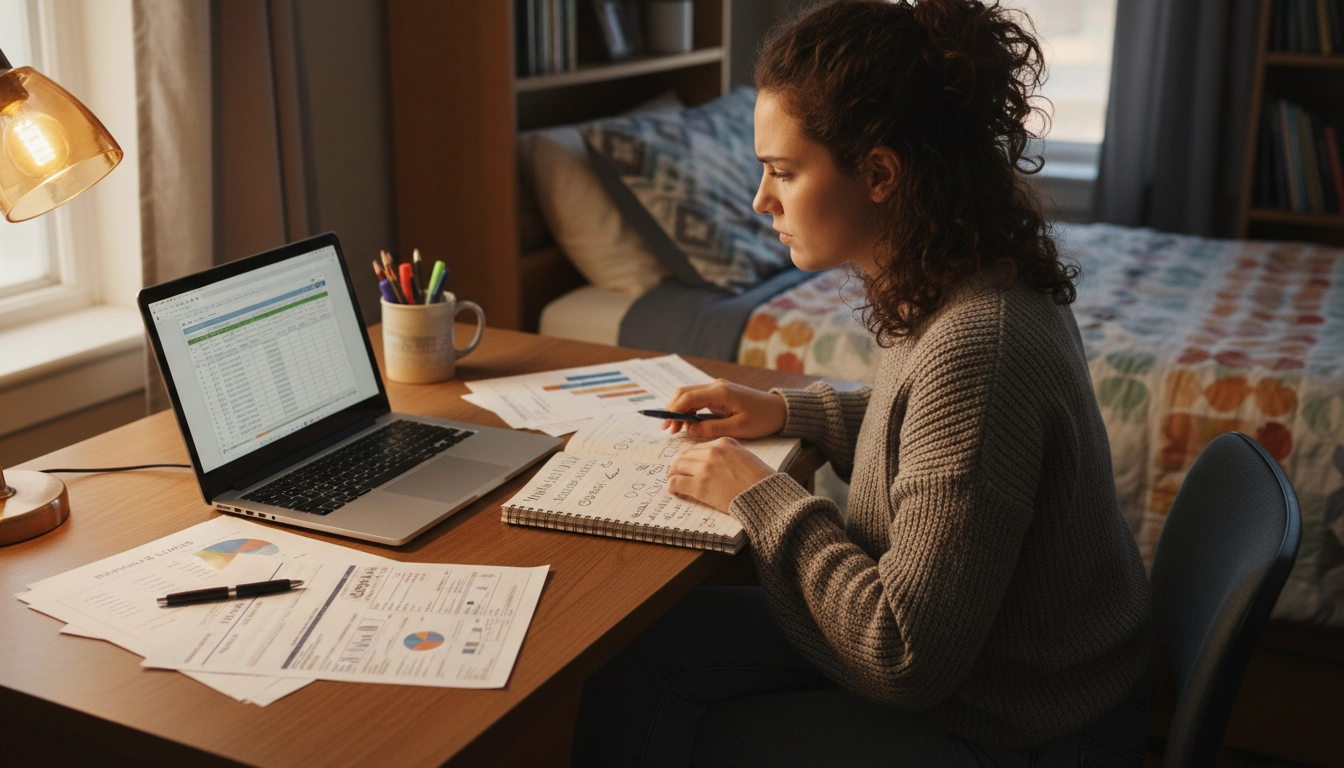 College student creating a budget at their desk