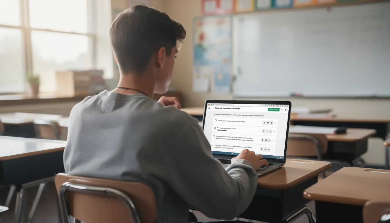 High school student taking the digital PSAT on a laptop in a modern classroom