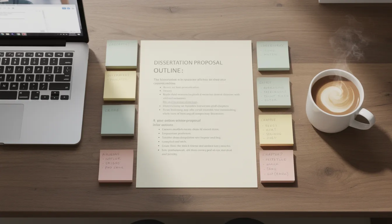 Organized desk with a dissertation proposal outline and research materials