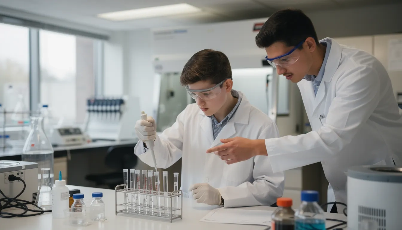 High school student conducting research in a university lab with a graduate student mentor