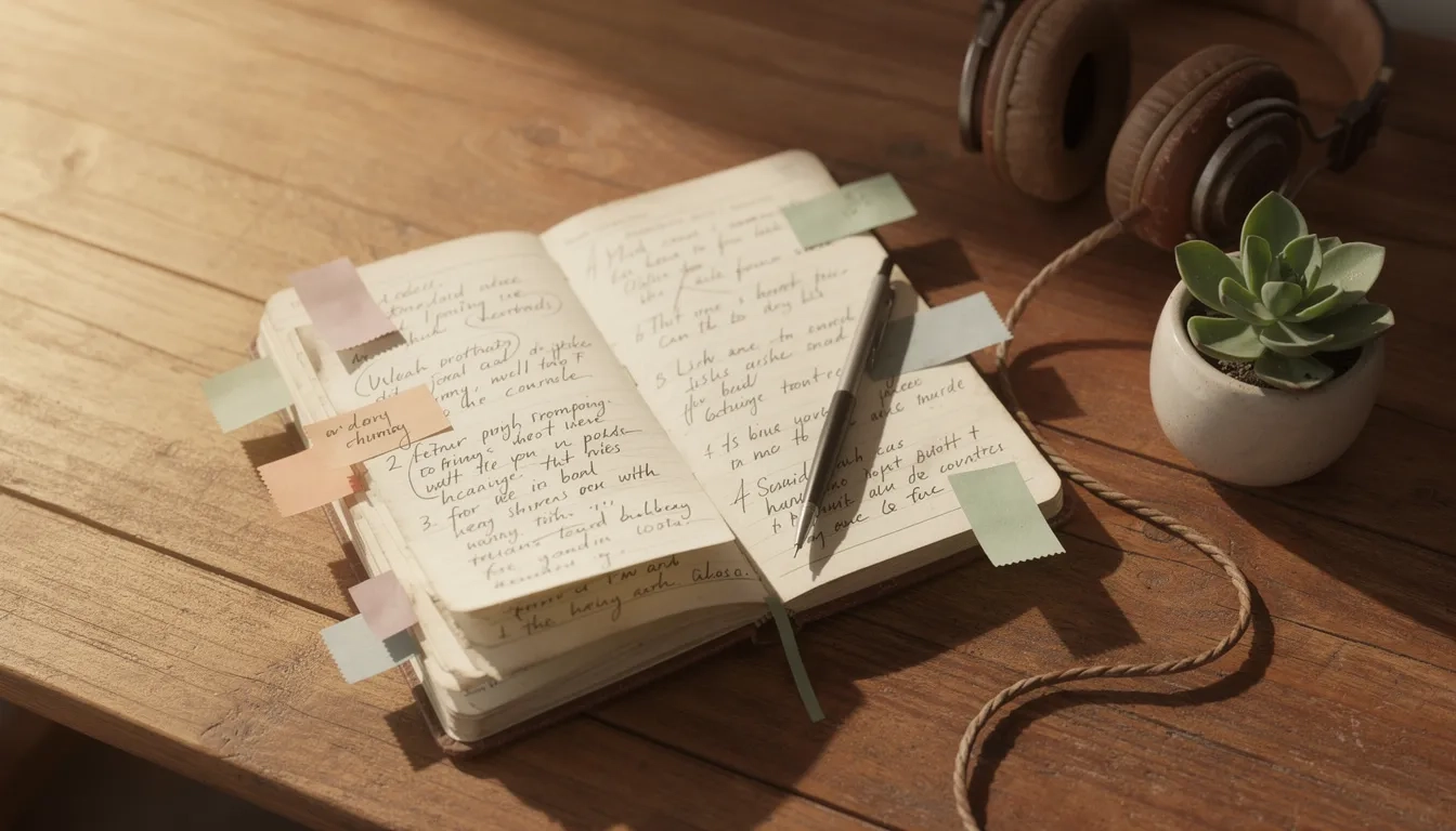 Notebook, headphones, and study materials arranged on a wooden desk in warm light