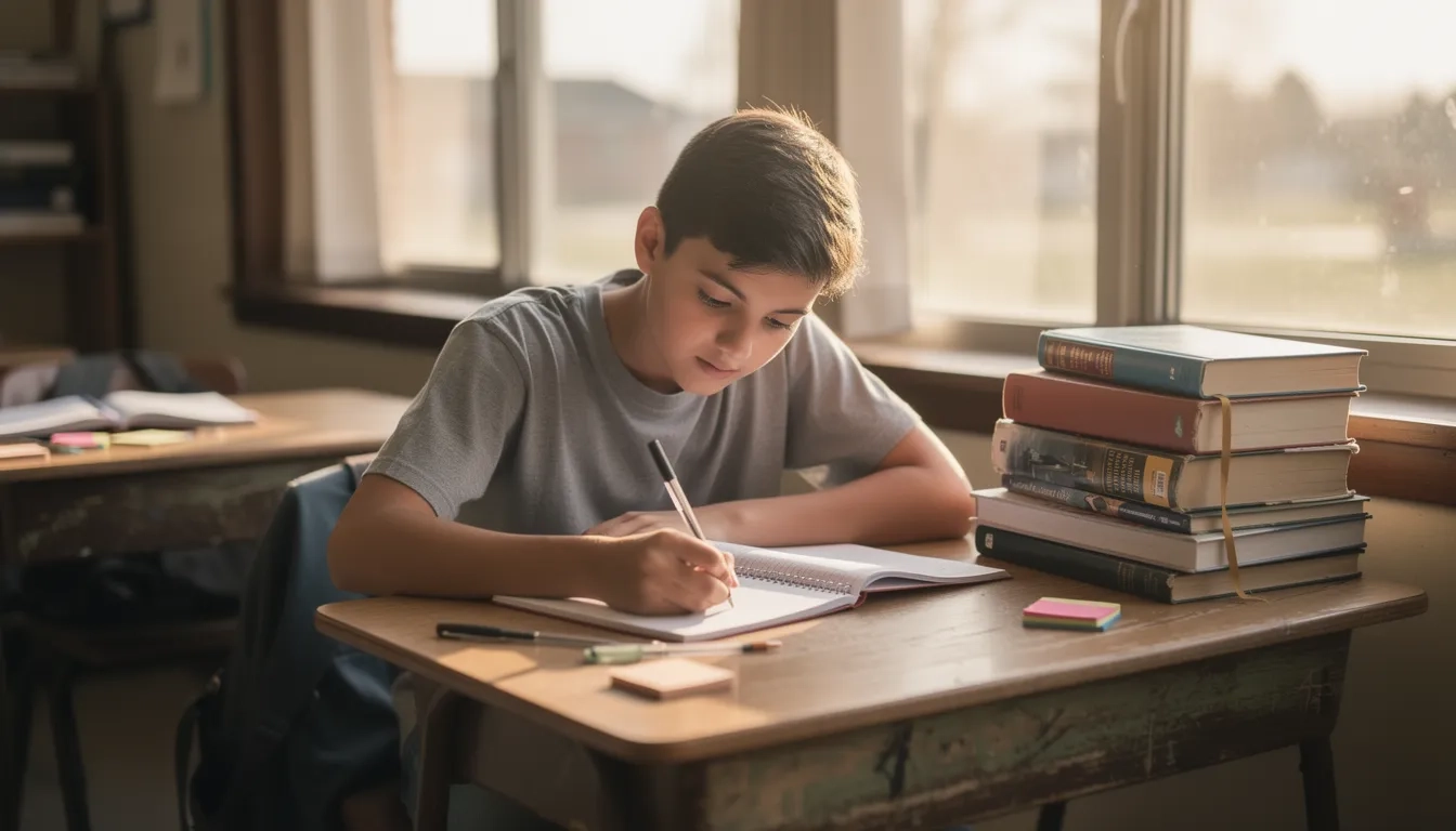 Student writing at a desk for a competition entry