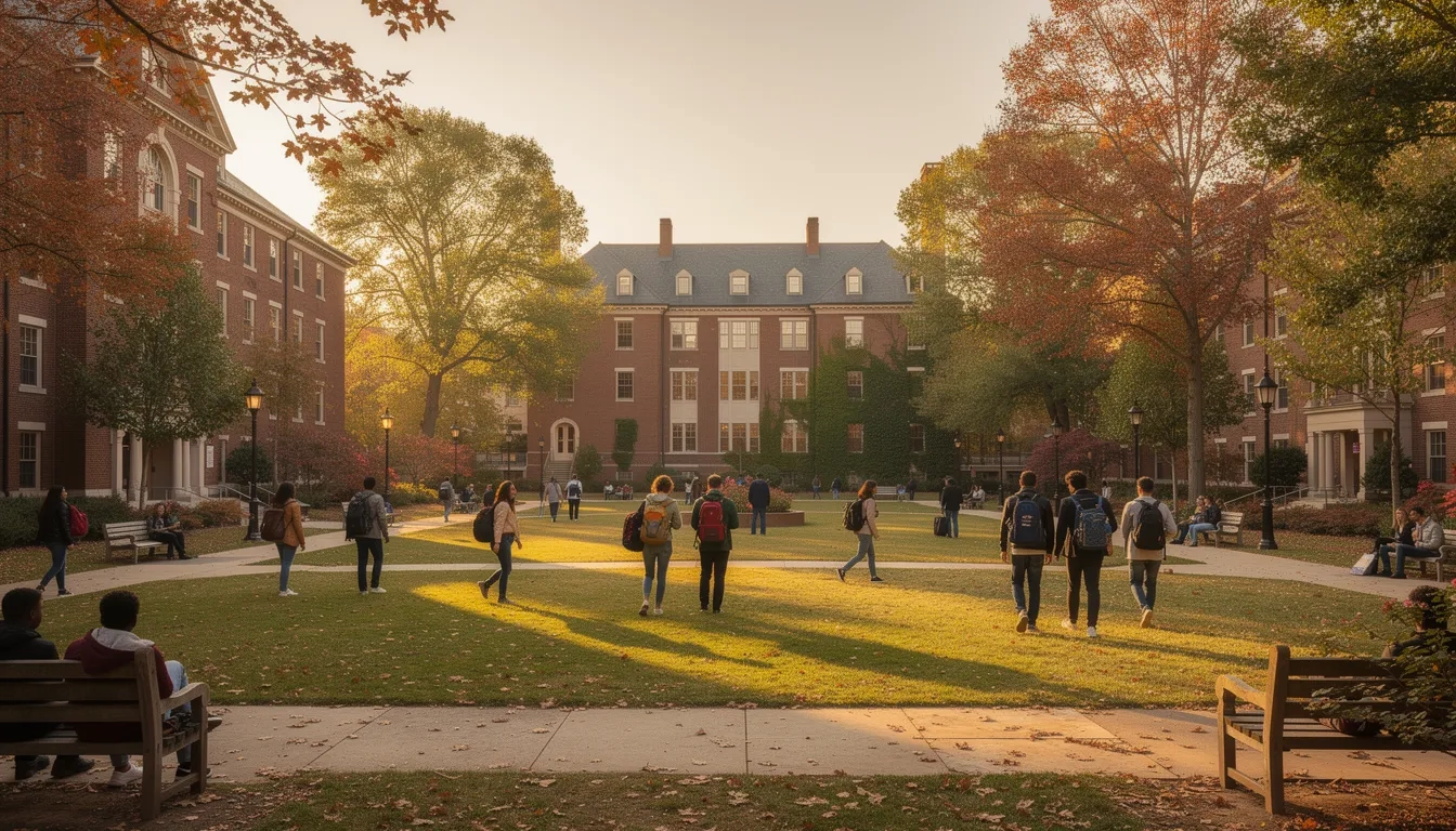 College campus in early fall with students walking across the quad