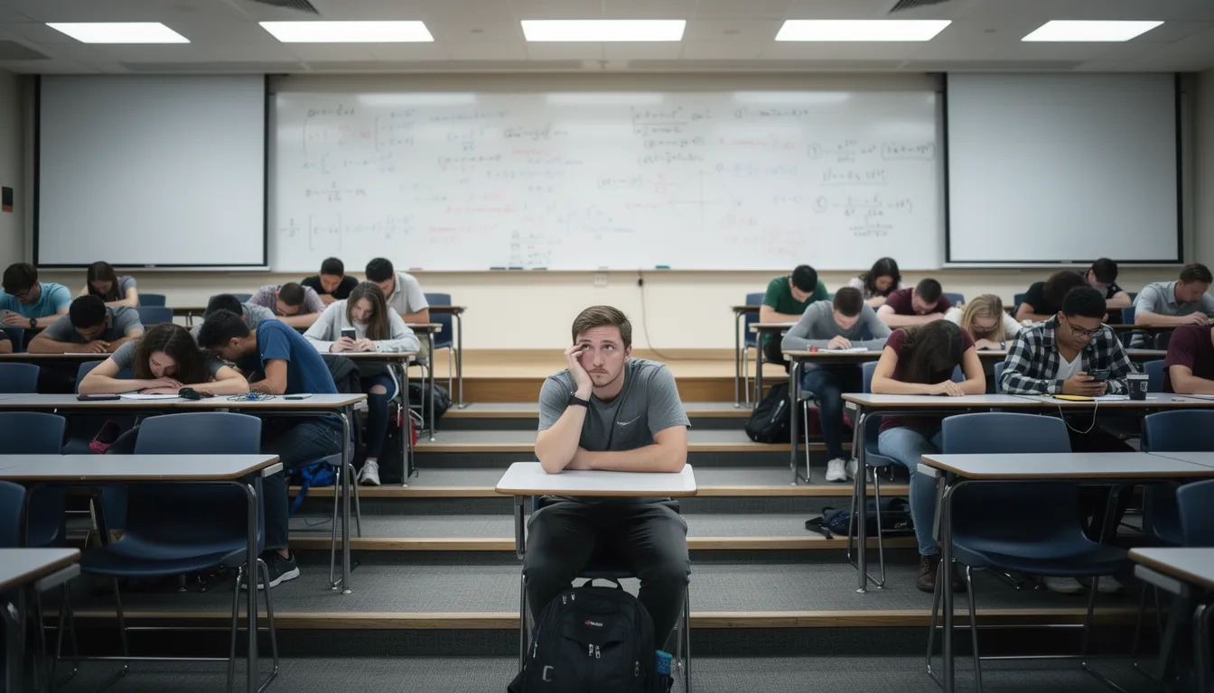 Student looking disengaged in a required college course lecture hall