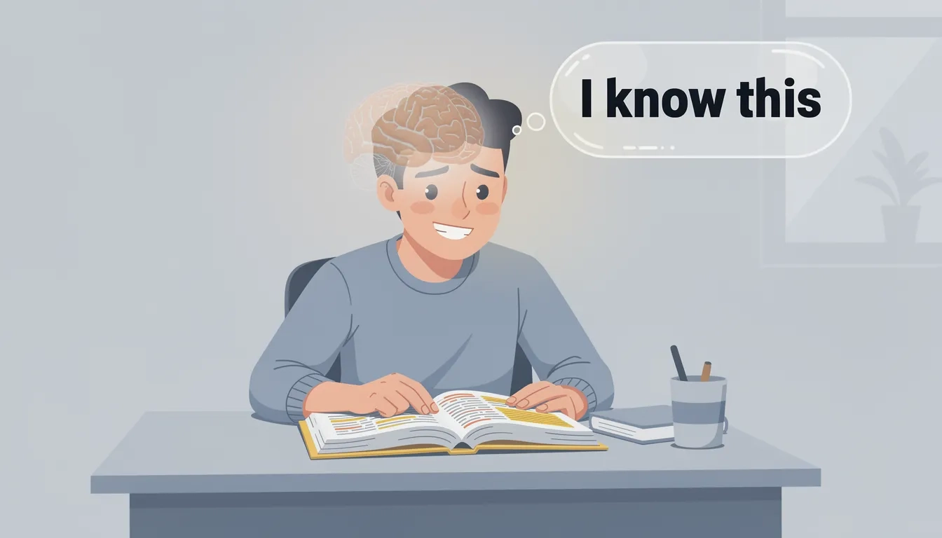 Person re-reading a textbook with a false sense of familiarity, illustrated with a dimly lit brain overlay