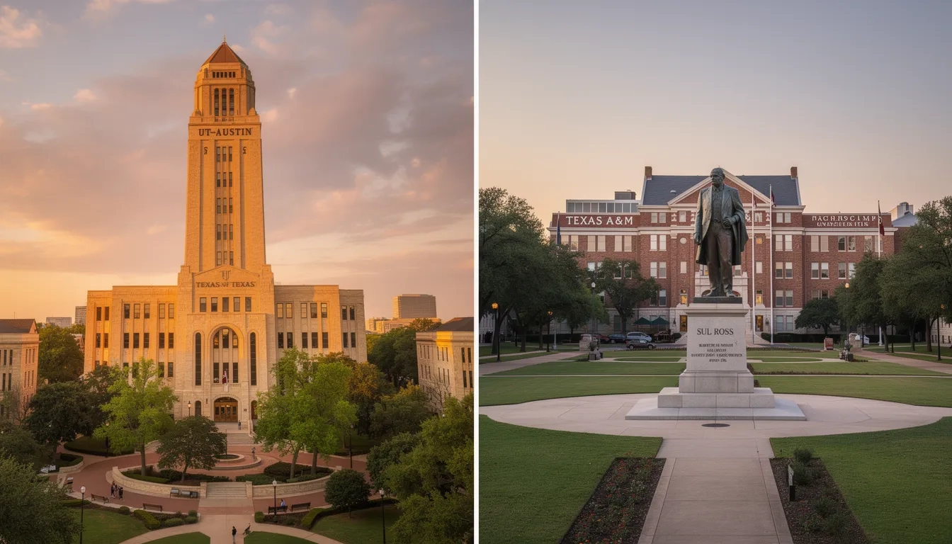 UT Austin Tower and Texas A&M Academic Plaza side by side