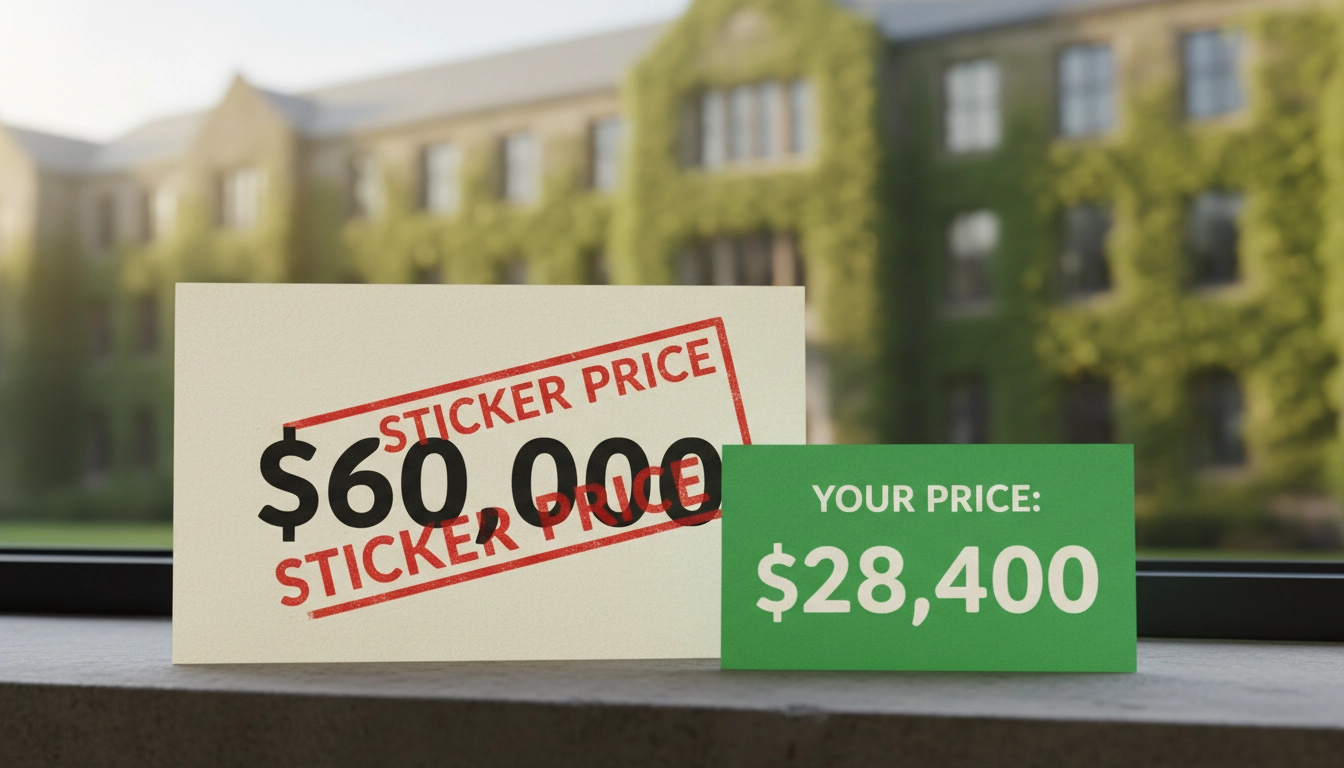 College sticker price tag next to a lower actual net price tag
