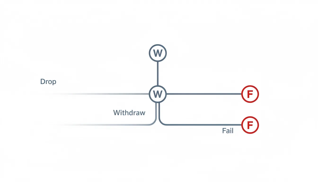 A flowchart showing three branching paths labeled Drop, Withdraw, and Fail with different outcomes at each end
