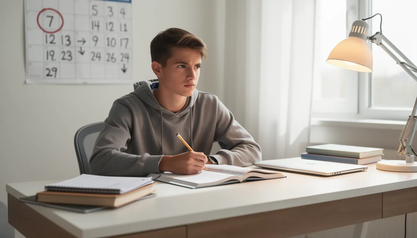 Student studying at desk with ACT prep materials and a two-week calendar on the wall