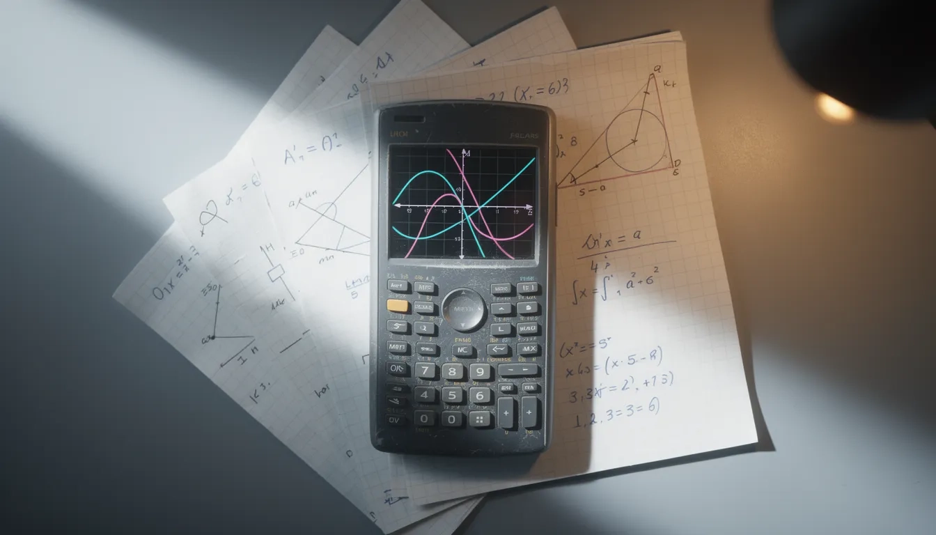 Graphing calculator and grid paper with geometric notes, symbolizing SAT Math strategy and preparation